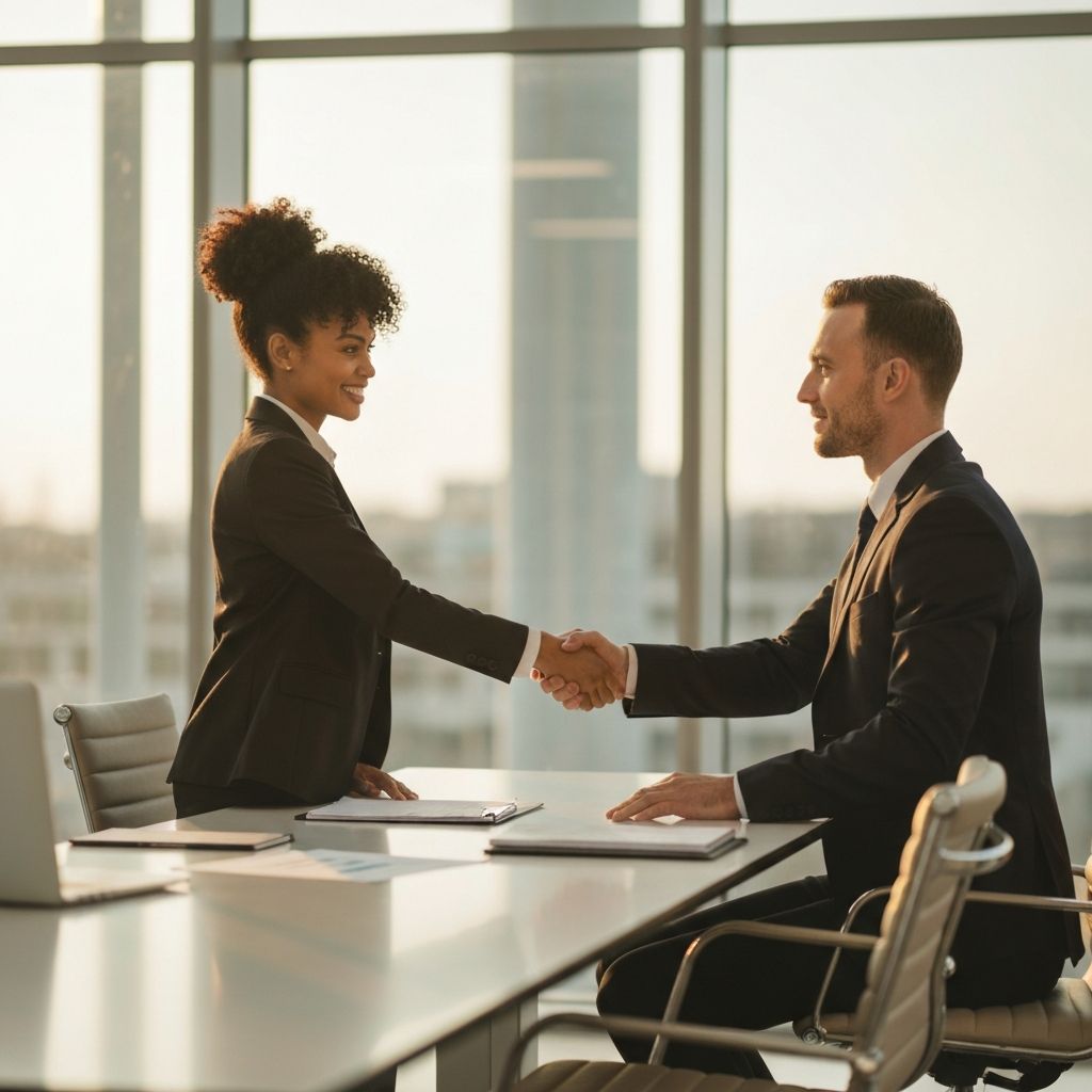 Business professionals discussing immigration pathways